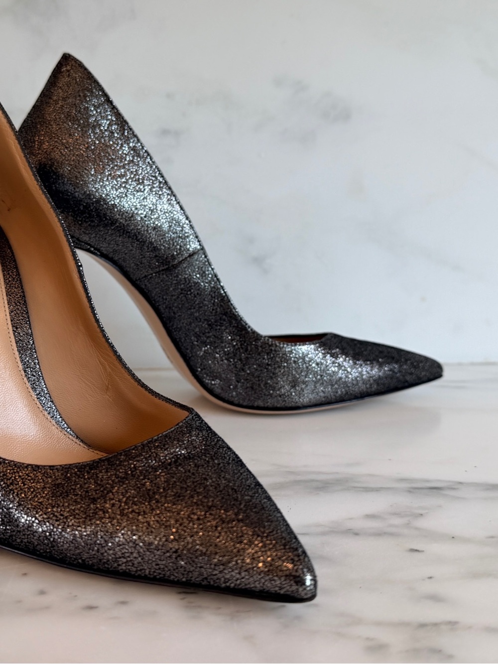 Sparkling Pointed-Toe High Heels in Gunmetal Glitter Gianvito Rossi. Worn once!